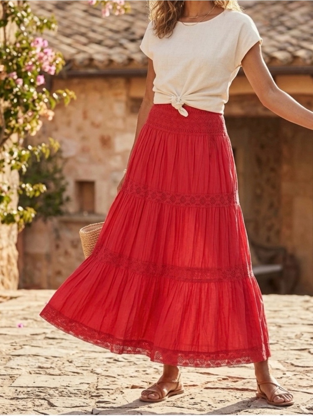 St. John’s Bay Pink Tiered Cotton Maxi Skirt Boho Lace Trim Small